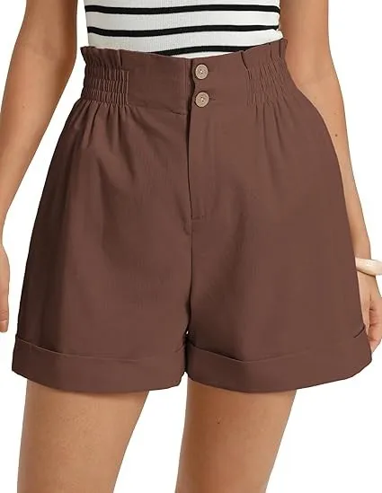 Women's Solid Color Elastic Waist Straight Leg Capri Shorts with Button Zipper Pockets for Travel Camping Streetwear Everyday