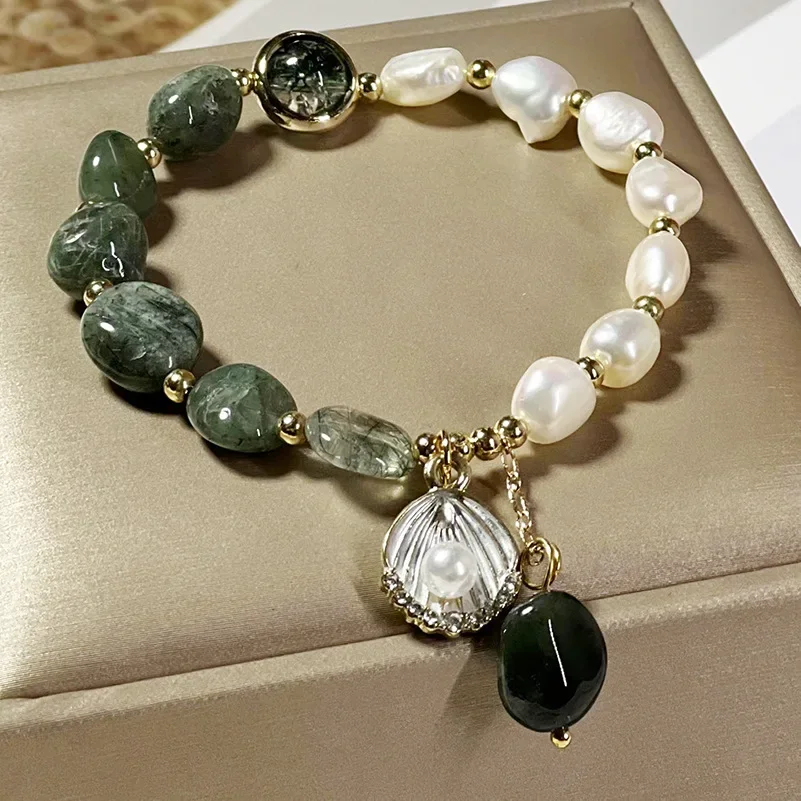 

Natural Pearl Bracelet Green Crystal Original Design Women's Korean Bangles Student Friend Birthday Jewelry Handpiece