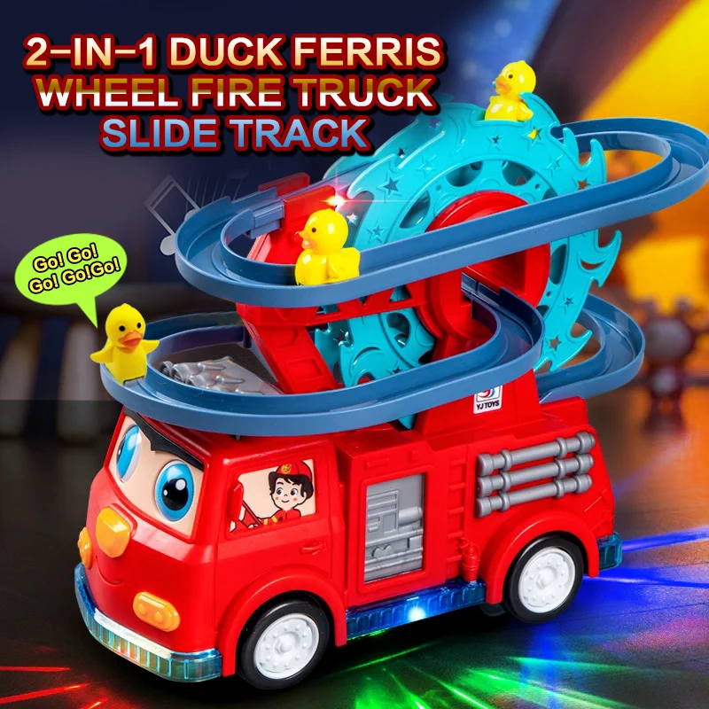 Colorful Sound And Light Rotating Ferris Wheel Track Fire Truck Toy with Duck Stair Climbing Feature Baby's Favorite Holiday Gif