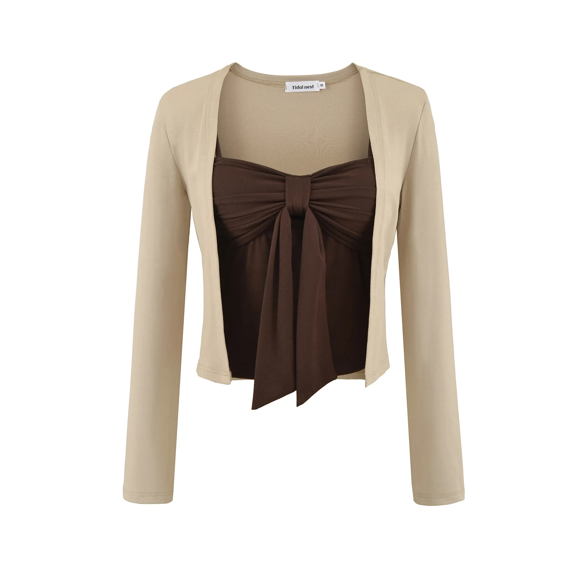 

2025 Early Autumn New Sexy Pure Desire Casaul Elegant Style Bowknot Padded Vest Long Sleeve Shawl Cardigan Jacket T-Shirt V3NE