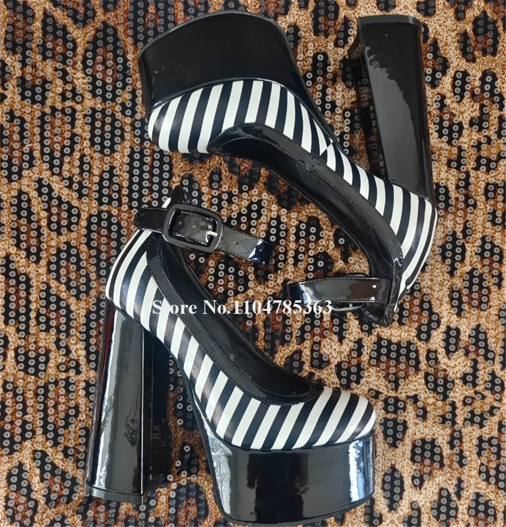 

Sexy White Black Stripes Chunky Heel Pumps Round Toe Patchwork High Platform Ankle Straps Thick Heel Party Heels
