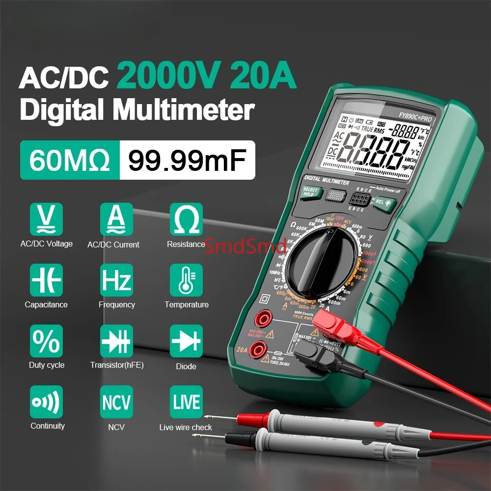 Digital Multimeter 6000 Count AC/DC 2000V/20A True RMS Temperature Tester for Electrician Photovoltaic Mining
