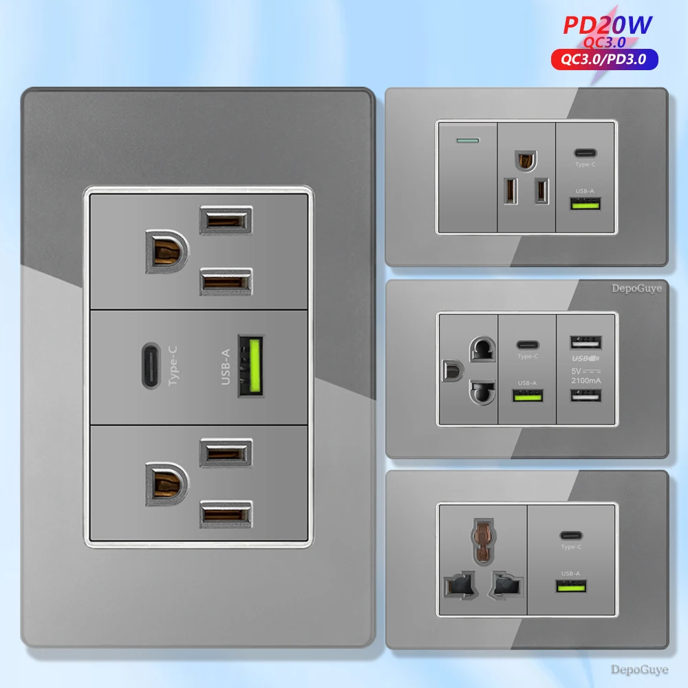Grey Tempered Glass American USB Type-C 20W Smart Fast Charging Wall Socket Plug, Mexico Thai Dual USB Power Outlet Light Switch