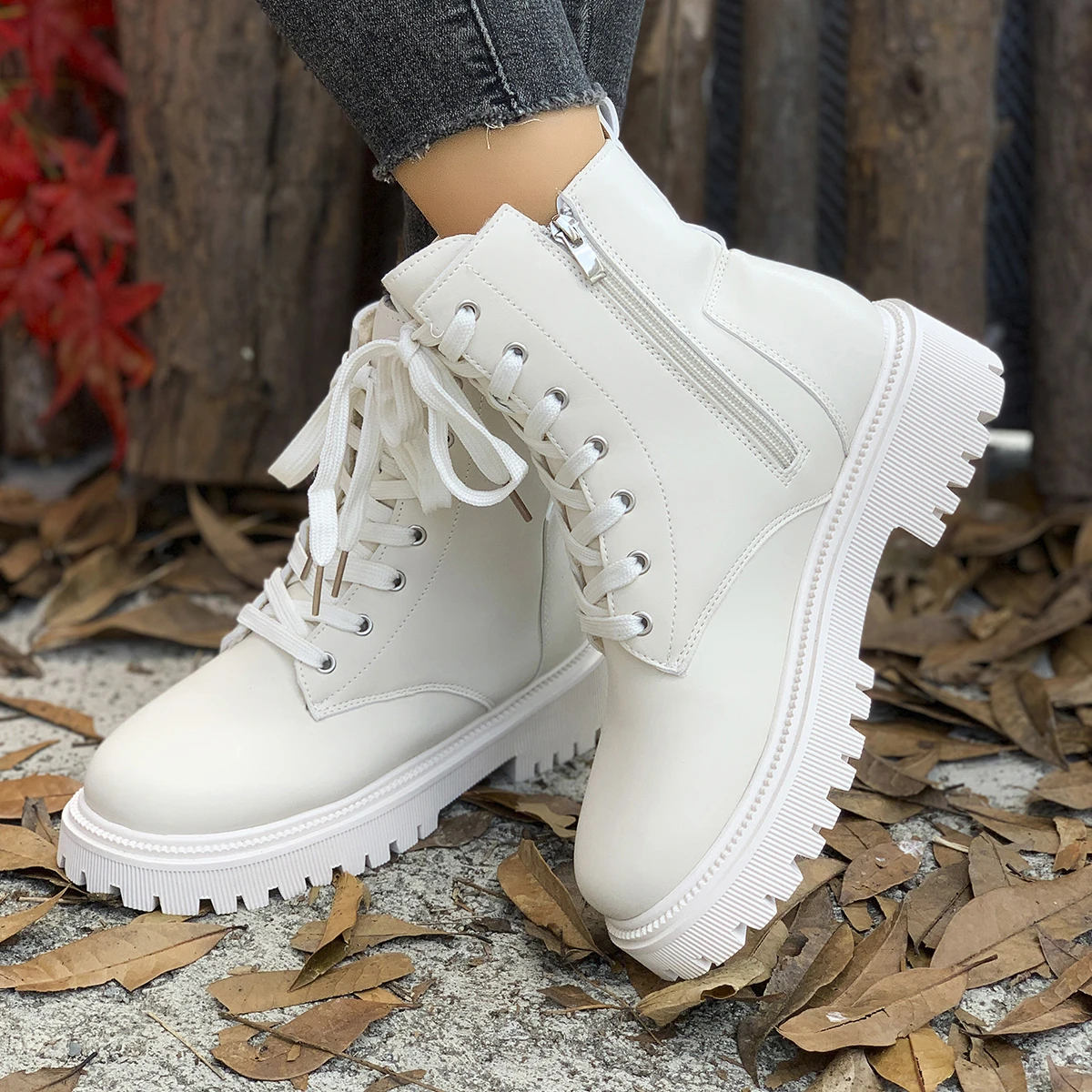 المرأة مبطن دافئ قصير أفخم عارضة الجوارب الشتاء الدانتيل تصميم بو الجلود زائد حجم بلون الأحذية الموضة الكلاسيكية. #4