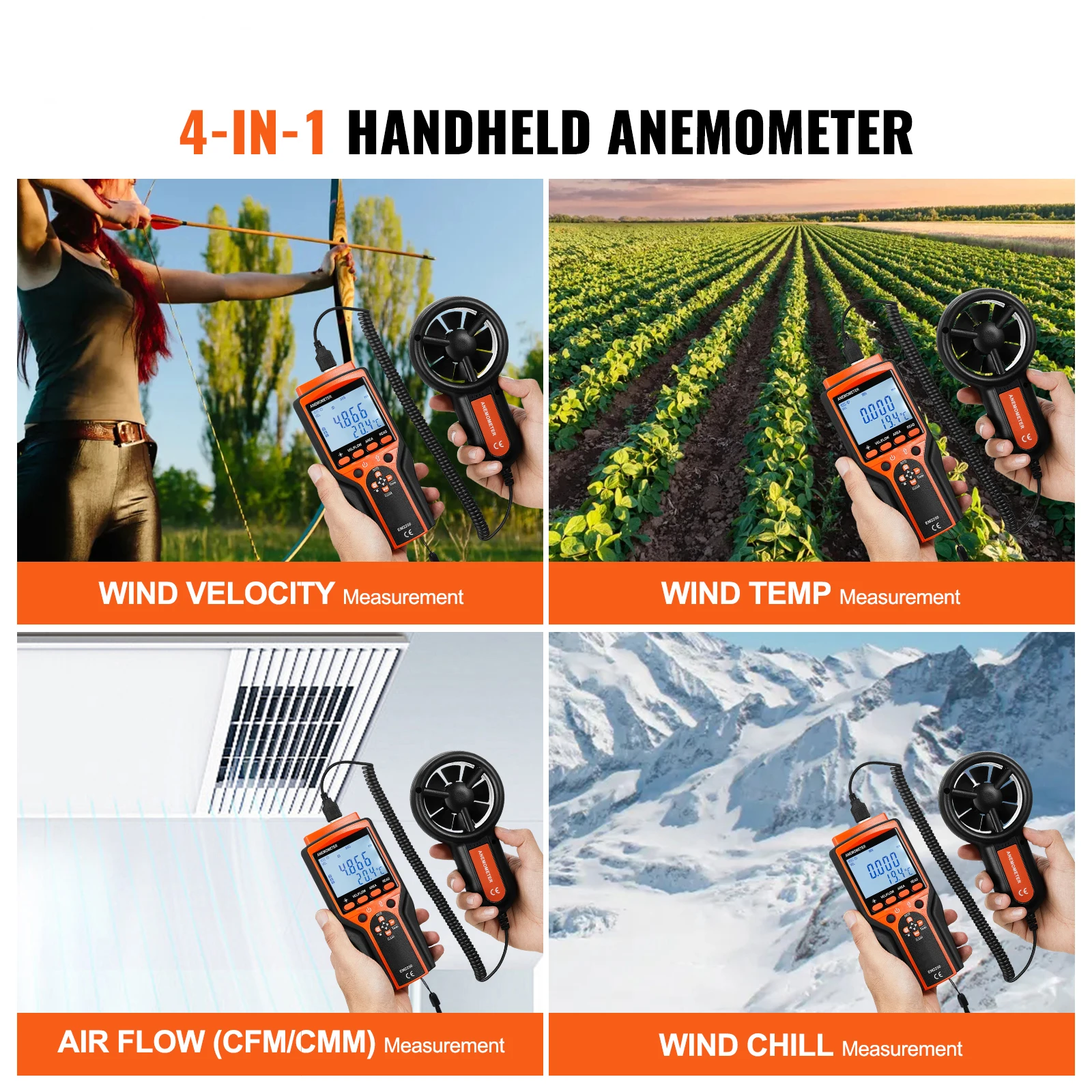 SucceBuy Handheld Anemometer LED Digital Wind Speed CFM Meter Gauge Measures Wind Velocity Wind Temperature Air Flow Wind Chill