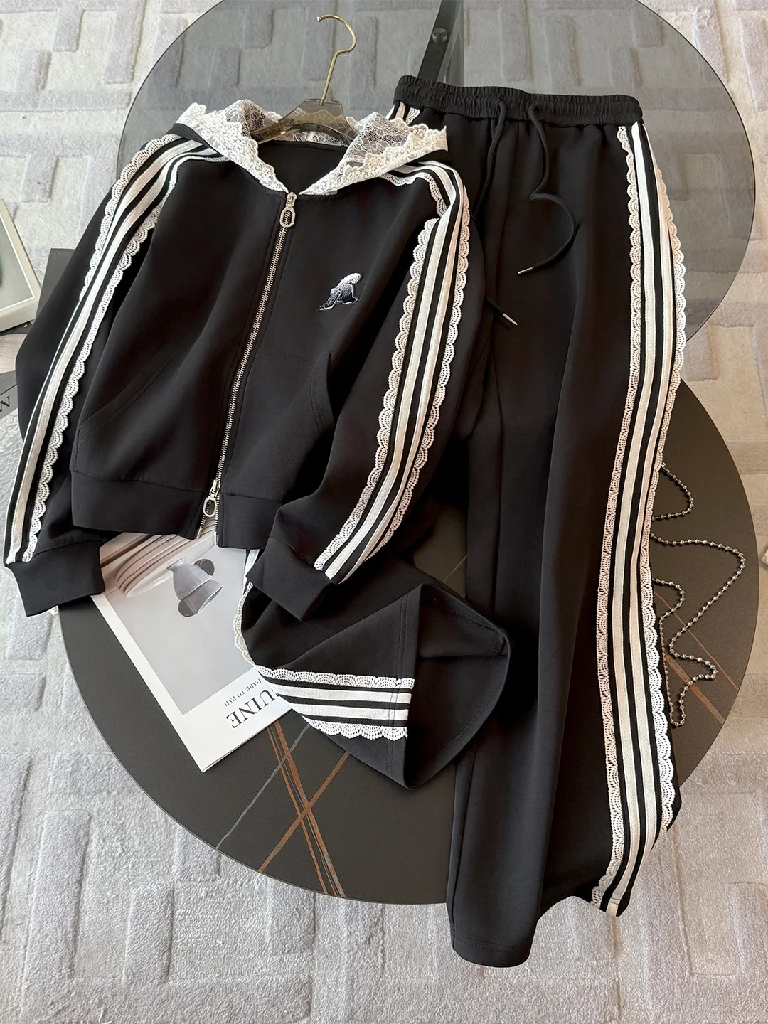 

Black Casual Sportswear Set for Women 2026 Spring Fashion Korean Style Anti-Aging Wide Leg Pants Two-Piece Suit Long Sleeve Z...