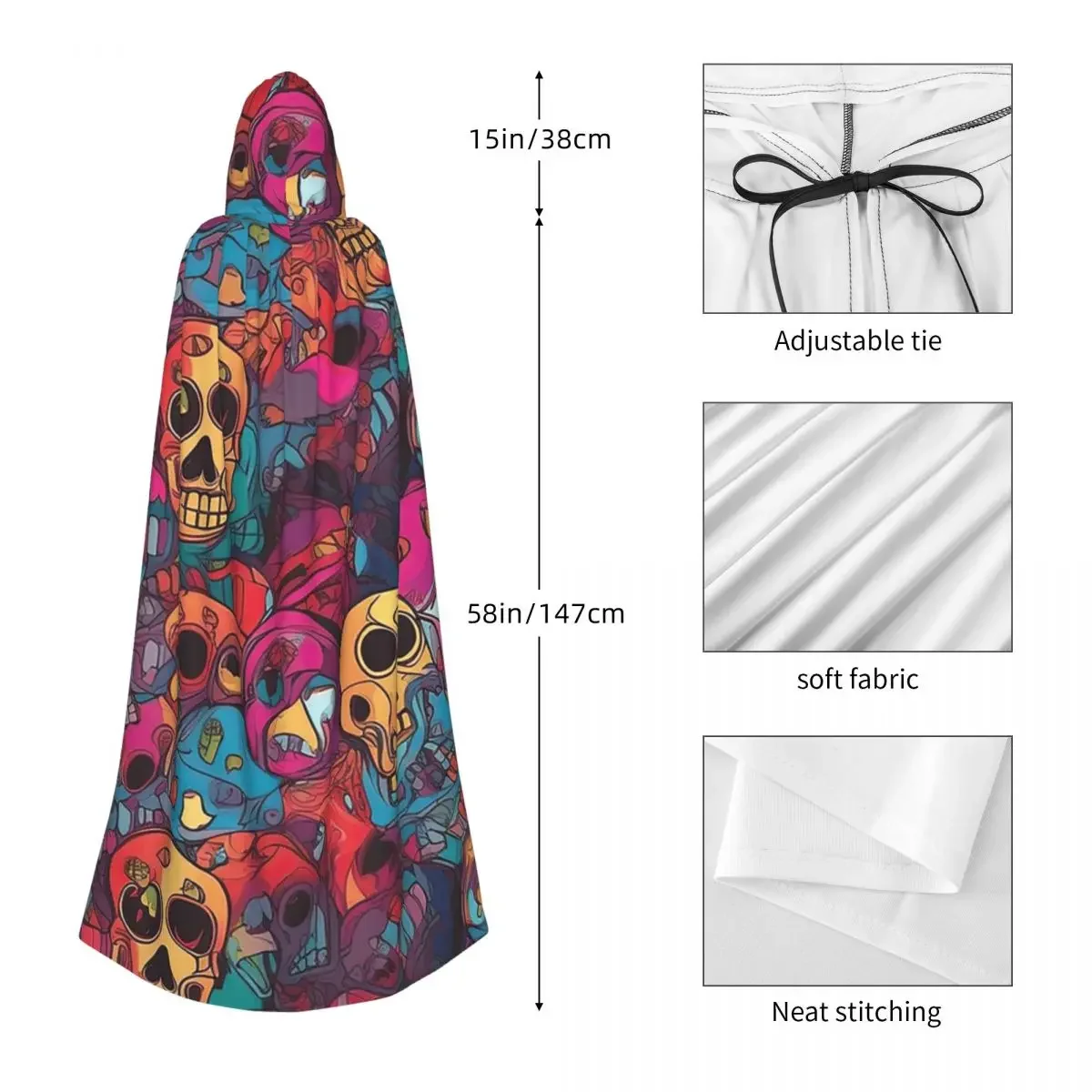 Sugar Skulls Calaveras Pattern Long Hooded Cloak Witch Medieval Costume Cosplay Cape HalloweenVampire Adult Unisex