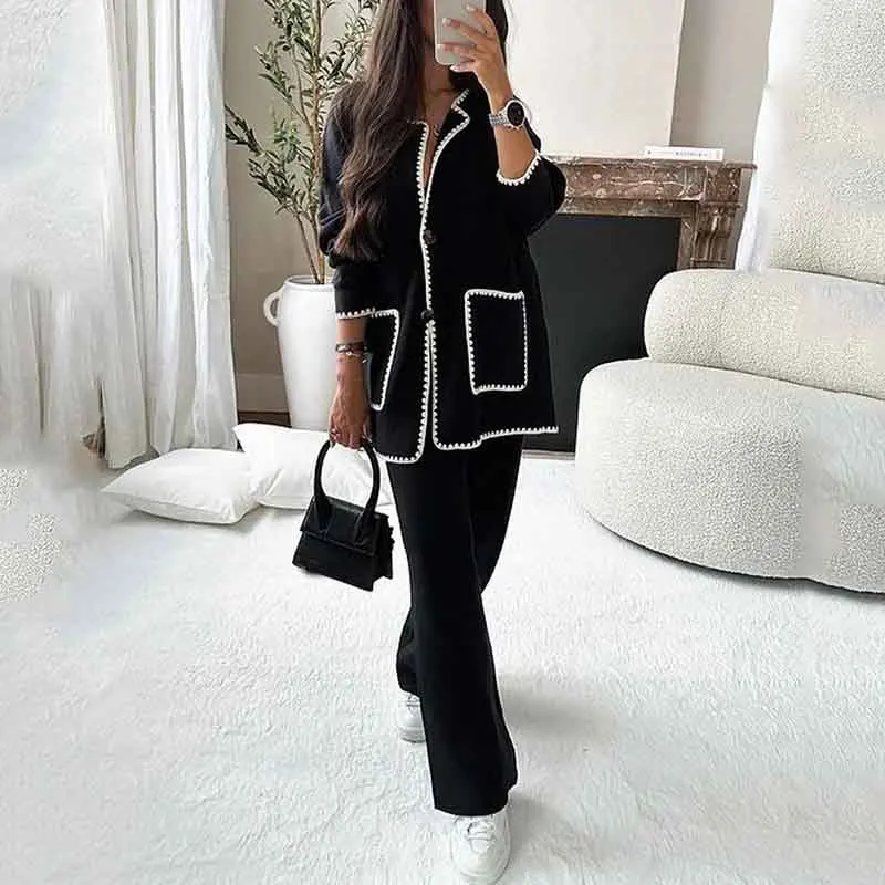 Casual Loose Pocket Coats Pants Two Piece Sets Women Fashion Contrasting Colors Tops Outfits Fall Winter Wide Leg Pants Suit