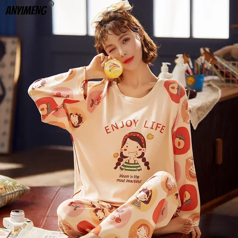 100% Cotton New Pajamas Autumn Winter Round Collar Kawaii Cartoon Pijamas Long Sleeves Sleepwear Fashion Loungewear Women