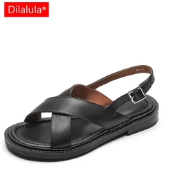 Dilalula 2025 Summer Fashion Women Shoes Open Toe Low Heel Women Sandals Genuine Leather Gladiator Women Sandals Roman Shoes