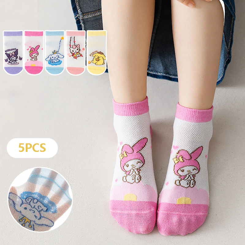 5 Pairs /lot Hello Kitty Cotton Socks Anime Sanrio Kuromi Summer Breathable Mesh Socks Cinnamoroll Cartoon Socks Children 1-12Y