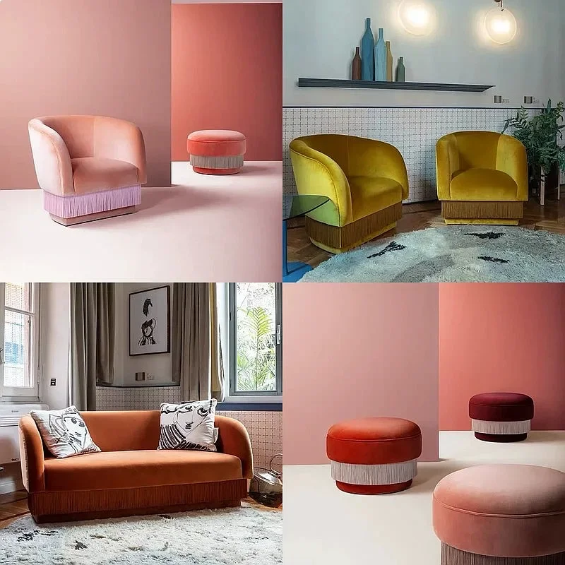 80 N Retro Velvet Tufted Sofa Chair with Fringe, Vintage 3-Seat Couch, Fluffy Ottoman for Living Room