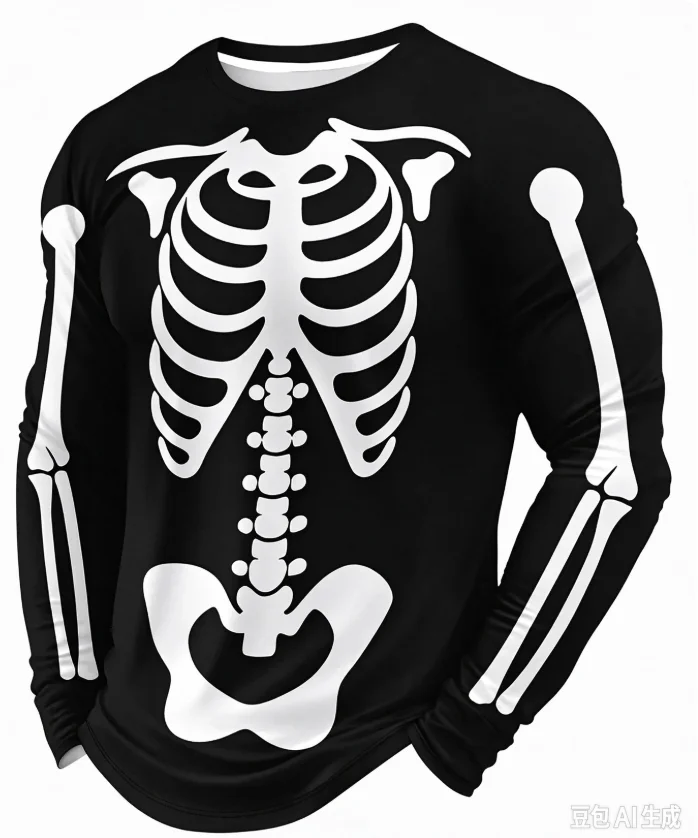 Unisex Skeleton Print Long Sleeve T-shirt, Black White Human Bone Graphic Halloween Casual Streetwear Tops