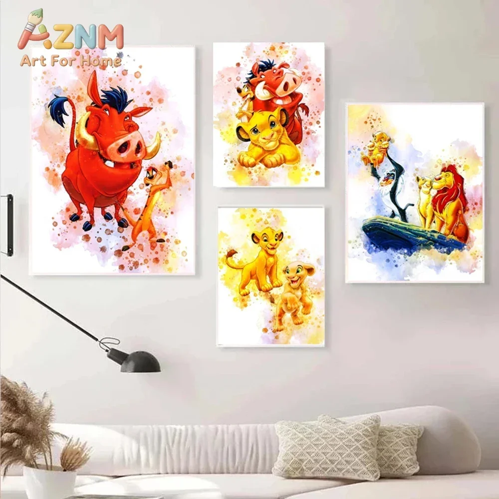 AZNM The Lion King Simba Watercolor Canvas Print Frameless Wall Art Cartoon Animal Poster Kids Room Home Decor Painting