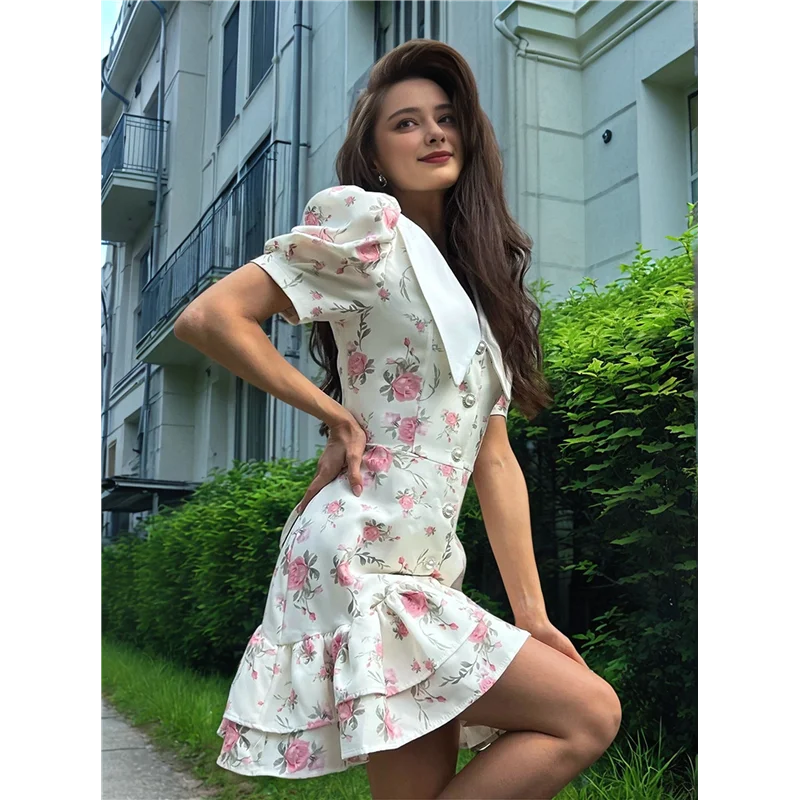 

ASDS-Vintage Dress For Women 1950S Pastoral Style Cocktail Dresses Lapel Puff Sleeve Back Tie Mini Dress