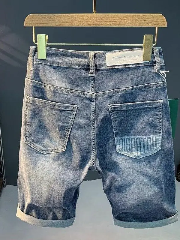 

High-End Printed Denim orts Men's Trendy Loose Straight Leg Elastic Five-Quarter Summer Thin Mid-Calf Casual Pants