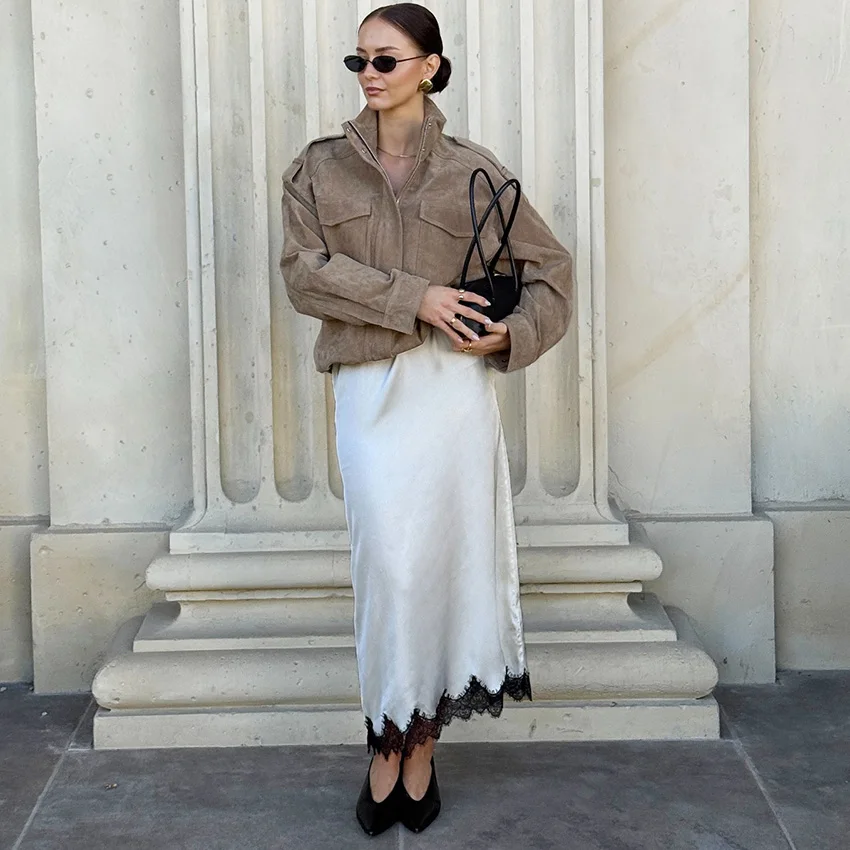 Linad الشارع شيك الأبيض الدانتيل التنانير الطويلة للمرأة أنيقة الساتان ميدي العجل تنورة الإناث الخريف موضة التنانير الحريرية فضفاضة 2025