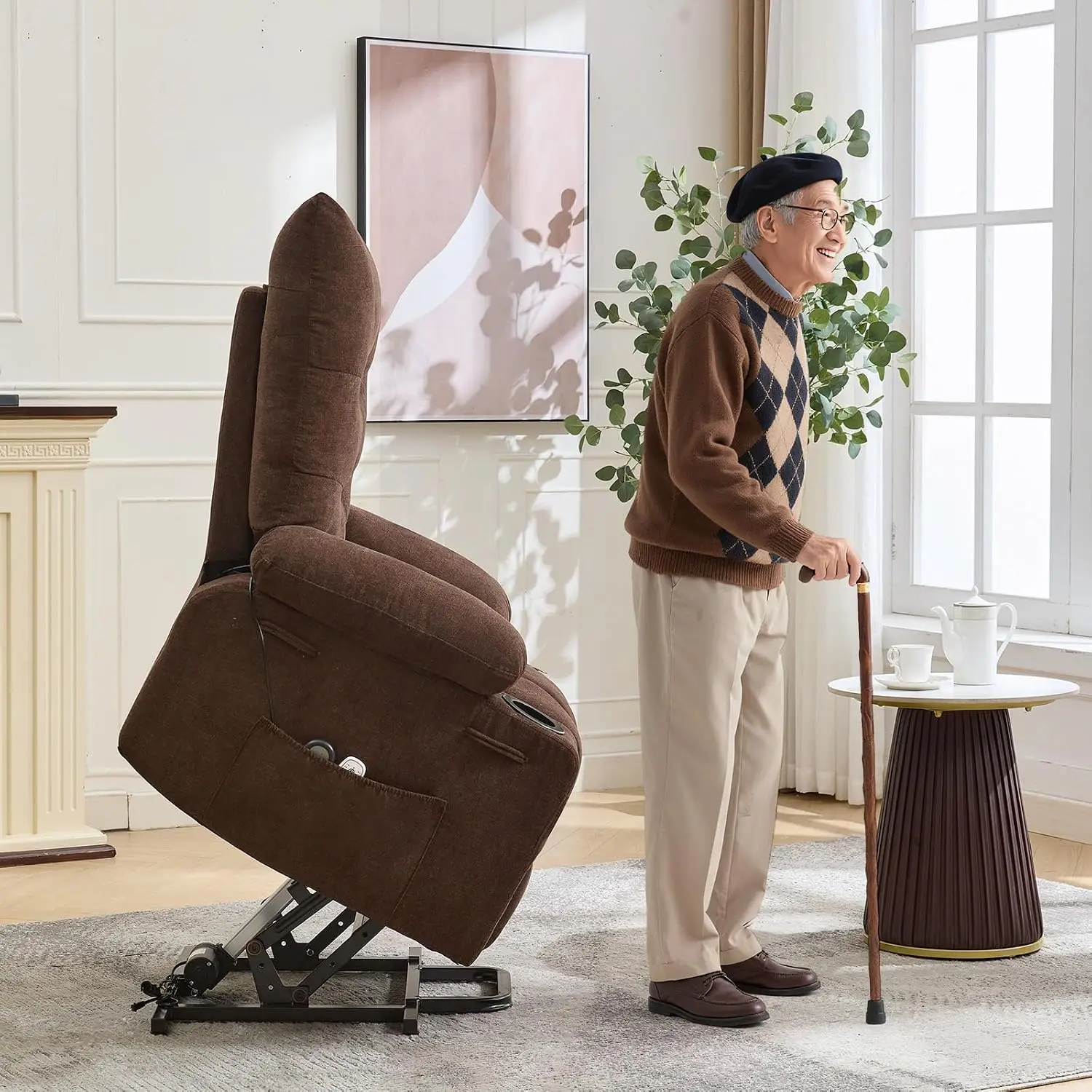 1PC Power Lift Recliner Chair Sofa Massage Recliner Chair for Living Room Extra Wide 57 cm Seat & Wide High Back Linen Upholstery with Side Pocket