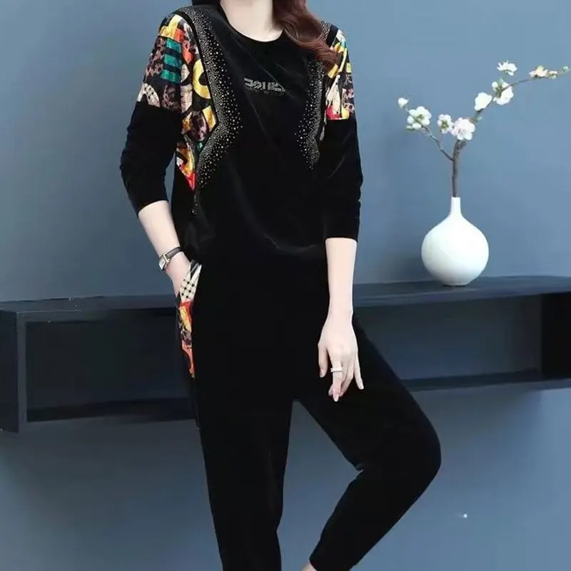 Conjuntos de letras remendos estampados femininos, roupas de manga comprida, calça monocromática, moda casual, calça de viagem, outono, inverno, 2022