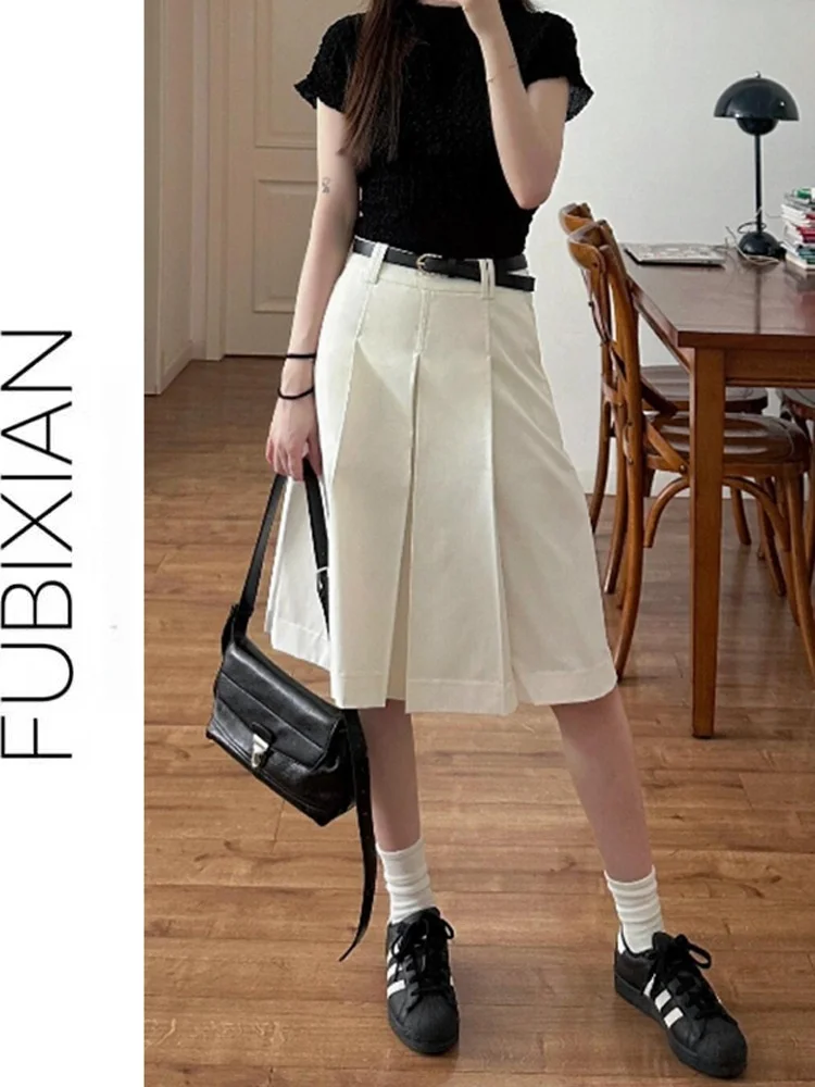 Abito bianco Gonna a pieghe Sle Gonna casual versatile da donna Faionable Design a vita media Lunghezza midi di Fubian
