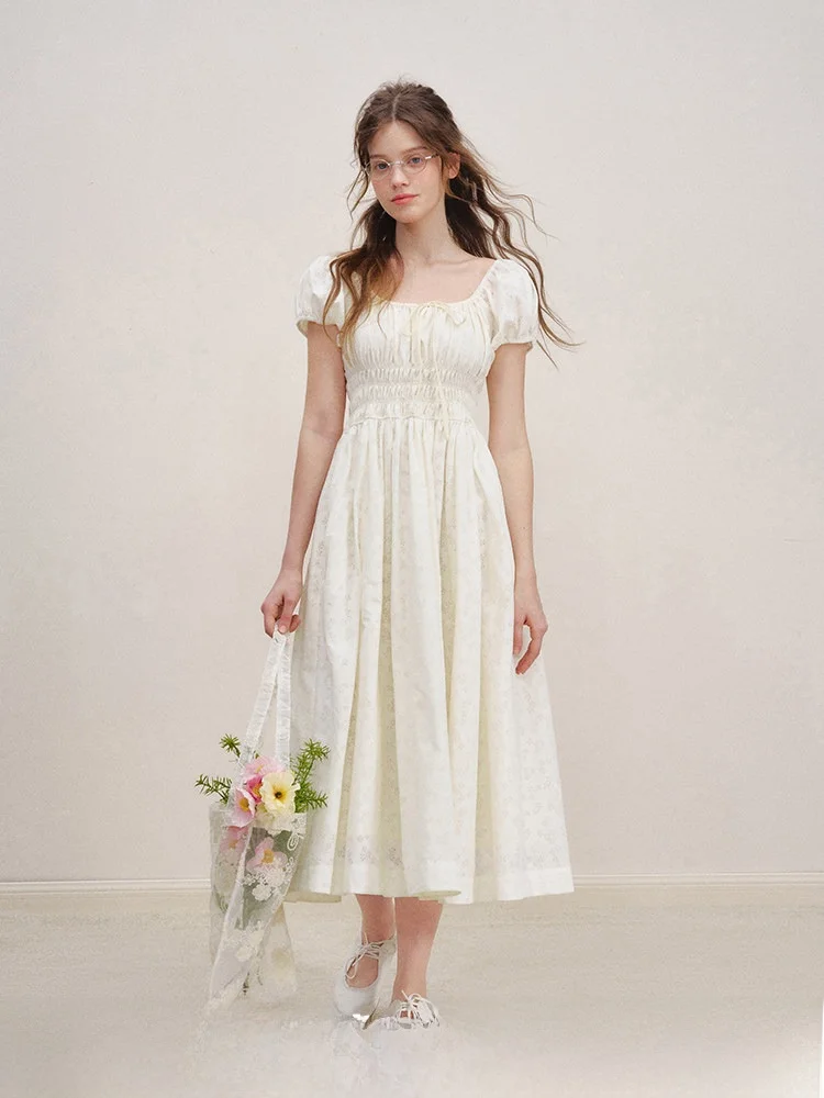 

Kroche Girlcore Hollow Texture Smark Pleat Bubble Sve Dr European Sle High Waist Cotton Polyester Spring Summer Autum...