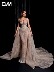 Illusion Stunning Evening Dress With Detachable Tail Vogue Beaded Sequins Customized Prom Charming Women Formal Occasions Wear