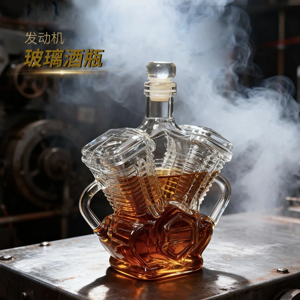 

Whiskey Bottle Vintage-themed glass decanter with engine and whiskey bottle design