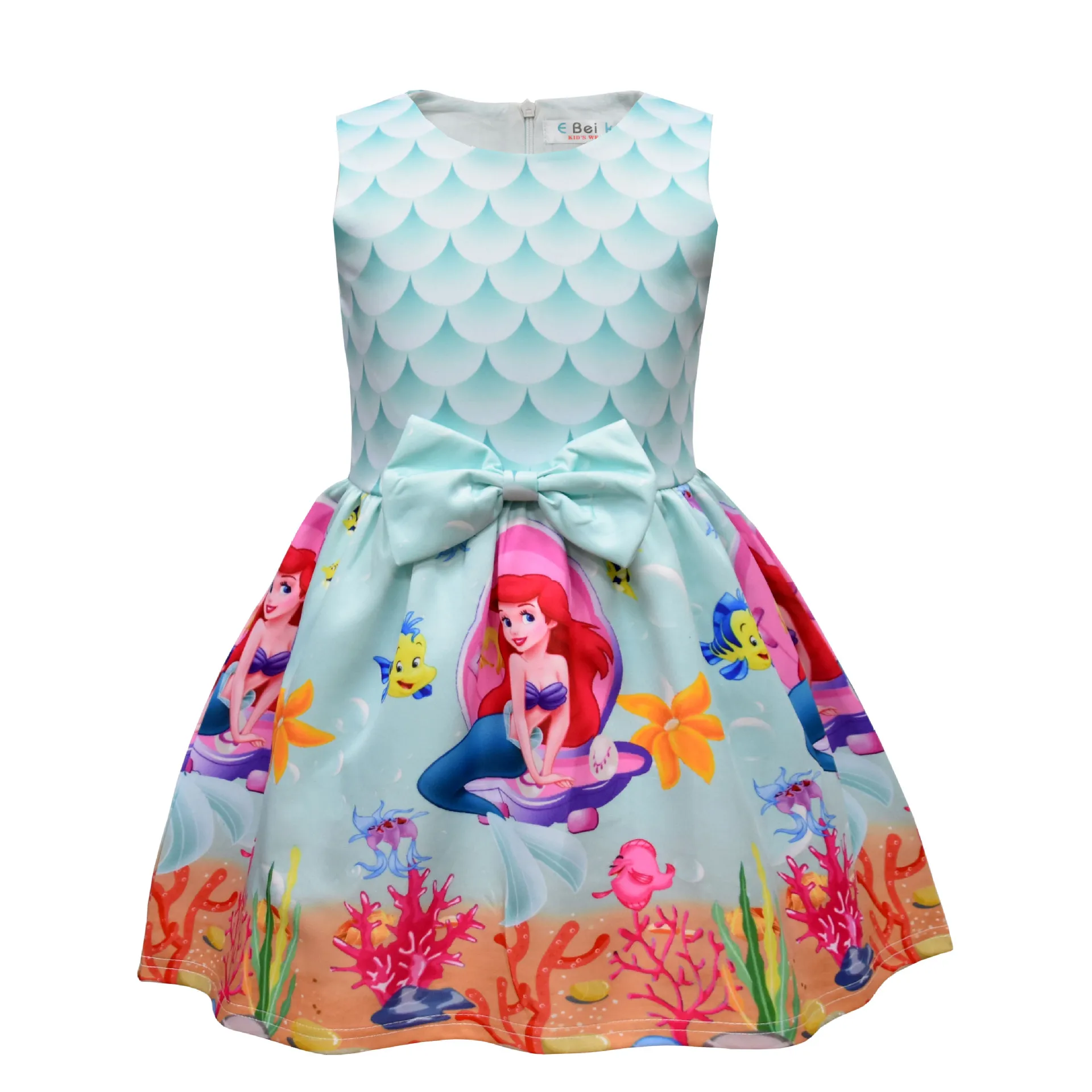 Disney Cartoon Children\'s Dress for Girls Mermaid Princess Fish Scale Printed Girl Princess Summer Dress Birthday Party Outfits