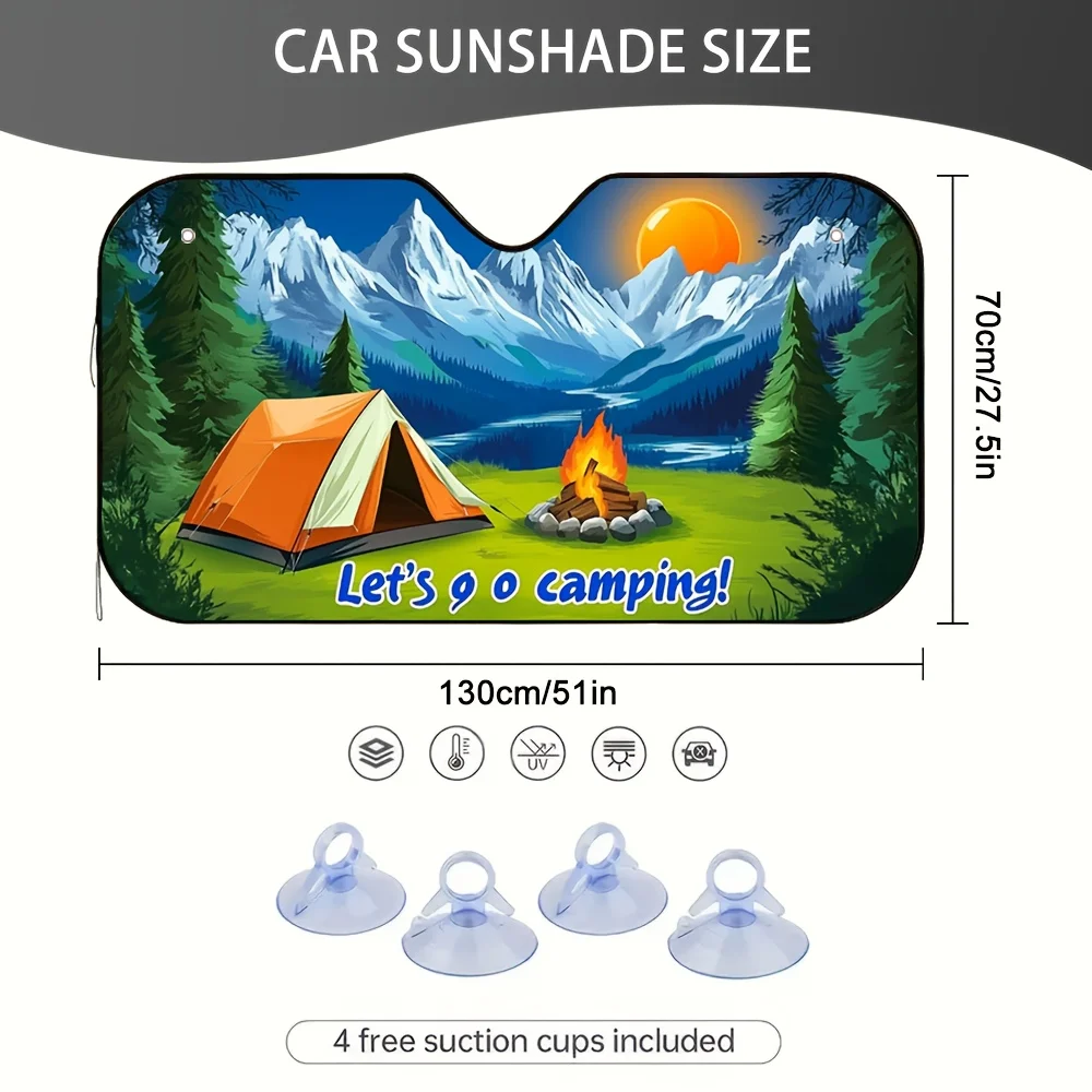 1pc Mountain Camping Adventure Car Sun Visor - 2D Flat Printing, Heat-Reducing & Cooling Design With Tent, Fire Pit & Mountain L