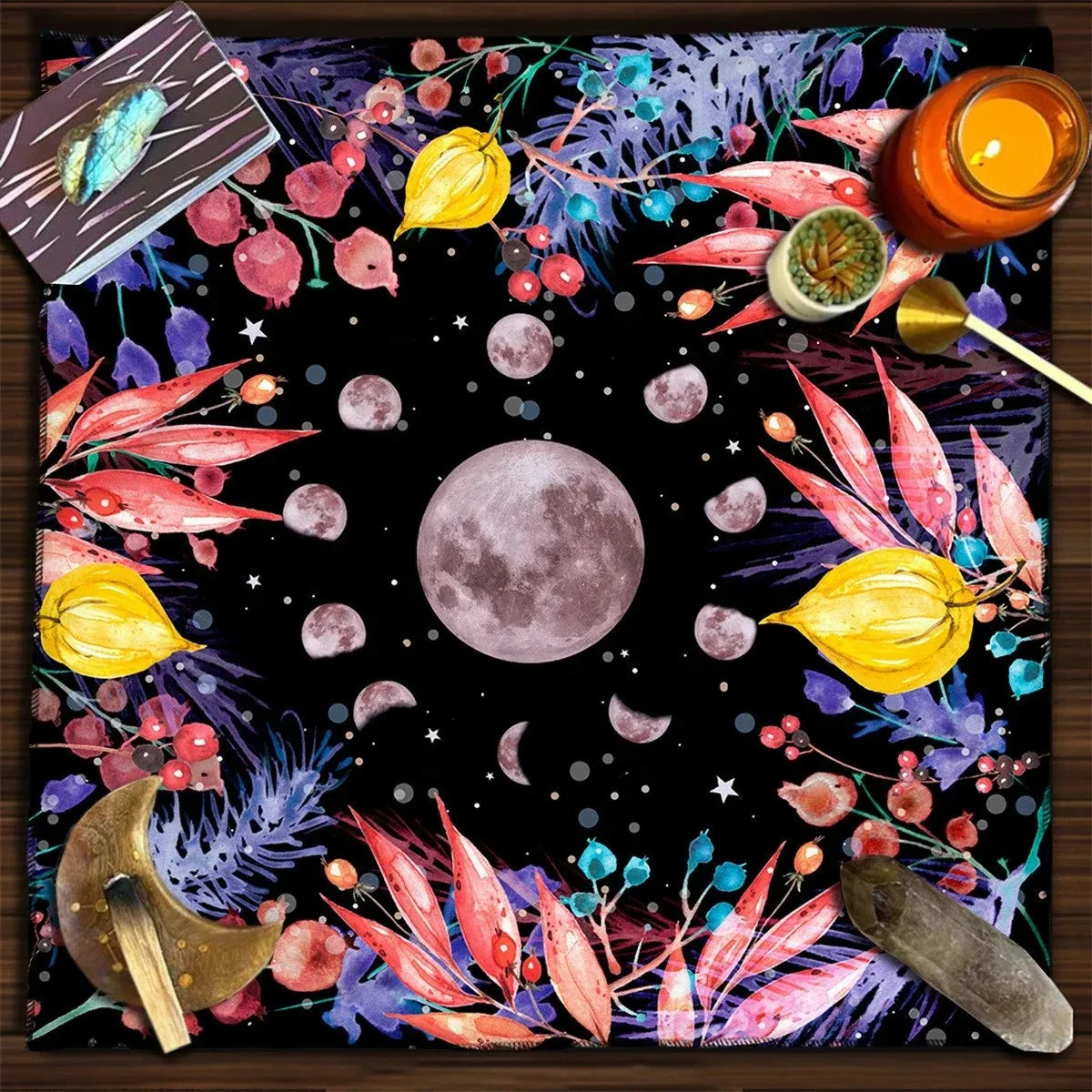 VIKAMA Black Cat Moon Tarot Altar Cloth Beige Blue Floral Witchcraft Divination Mat for Tarot Reading Spiritual Decor