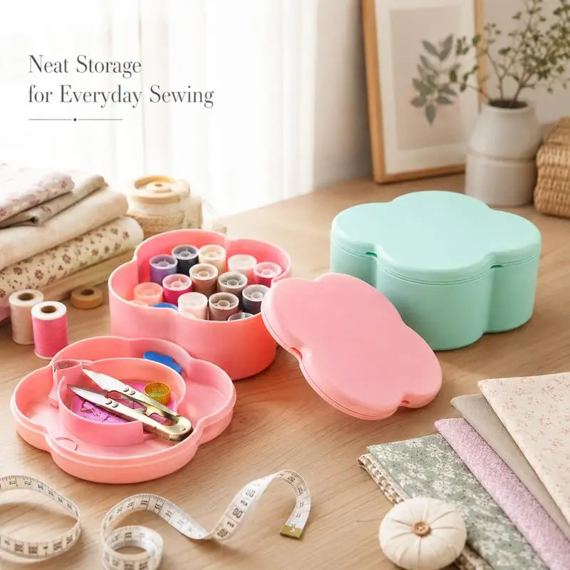 Doppelschichtige Blumenförmige Nähbox, Tragbares Multifunktionales Haushaltsnadel-Faden-Scheren-Set, DIY-Handwerks-Aufbewahrungsorganizer – Detail 6