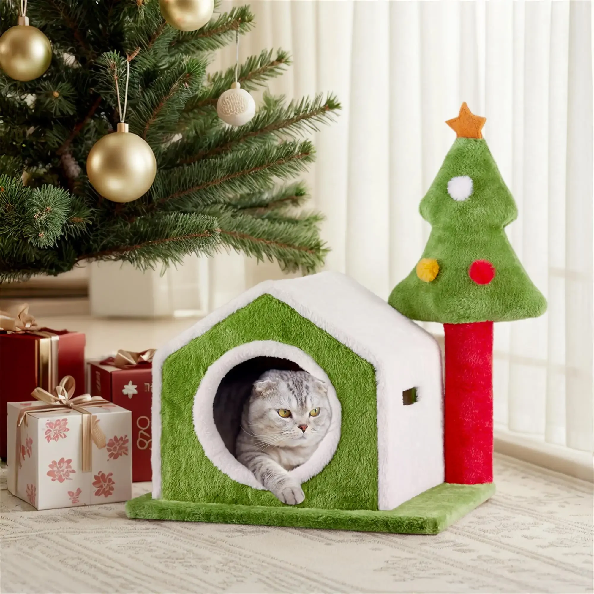 

24in Christmas Cat House Cat Bed Cave, Soft Plush Christmas Nest Holiday Decor for Indoor Cats