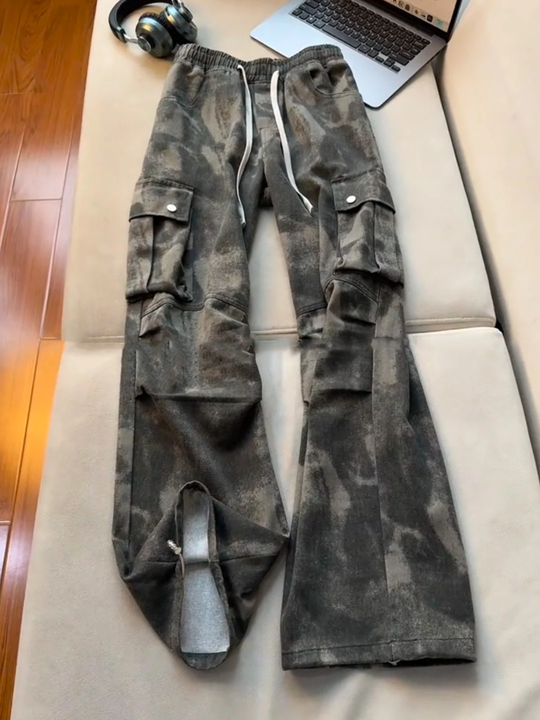 

American High Street Tie Dye Camouflage Men's Work Pants Autumn Winter Design Bell Bottoms Cool Wide Leg Jeans