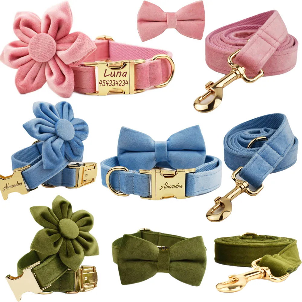 Personalized Dog Collar and Leash Set Velvet Collar Custom Engraved for Small Medium Large Dogs Collars with bow tie Flower Lead