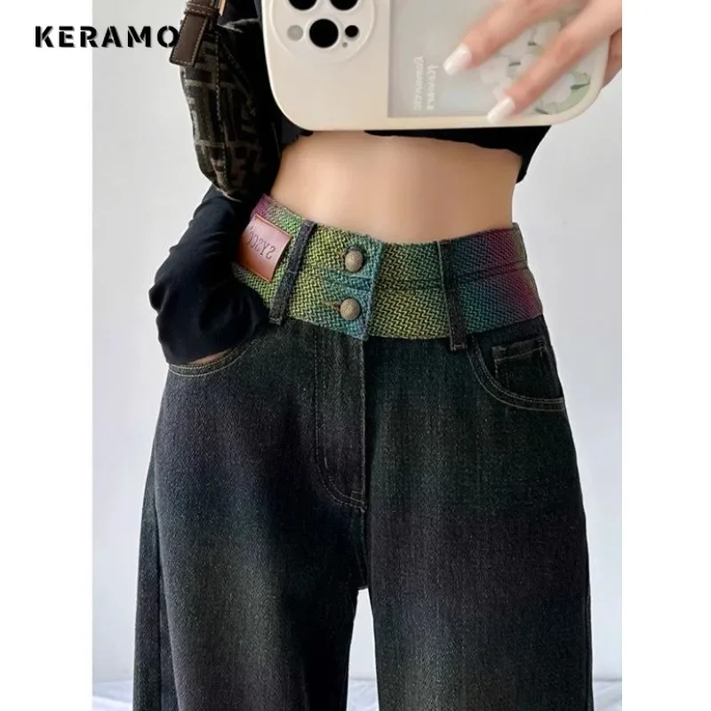 

Vintage High Street Style Casual High Waist Straight Jeans Korean Fashion Women Rainbow Wide Leg Pants Baggy Y2K Denim Trouser