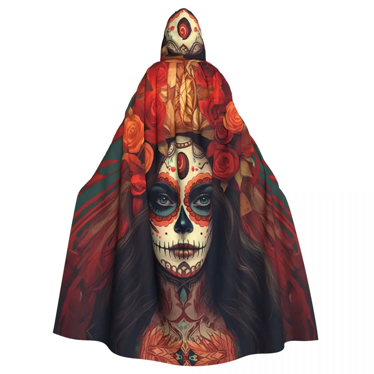 

Adult Cloak Cape Hooded Mexican Skull Calavera Illustration Medieval Costume Witch Wicca Vampire Elf Purim Carnival Party