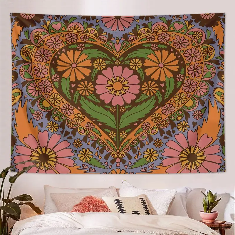 VIKAMA Retro Hippie Tapestry Seventies Flower Heart Mandala Floral Orange Pink Boho Wall Hanging Vintage Home Decor
