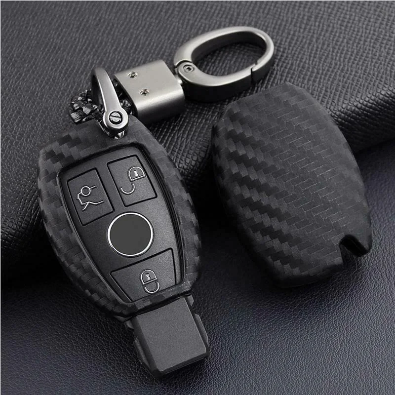 Carbon Fiber Silicone Remote Car Key Fob Cover Case Shell Holder Chain For Mercedes Benz W211 W212 W245 W203 W204 W205 W221 W222