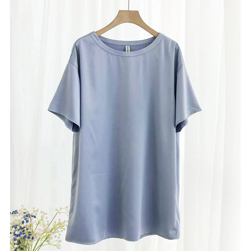 Oversize Satin Women Long T-Shirts Fashion Casual Loose Short Sleeve Streetwear Tops Women\'s Clothing  M30665