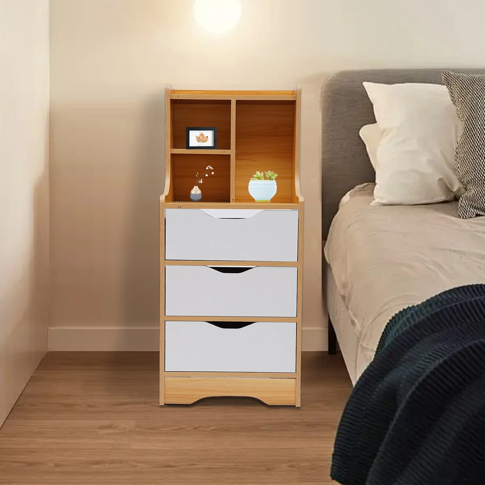 

Modern Walnut Nightstand Bedside Table with 3 Drawers Tall Bed End Table Storage Cabinet with Shelf for Bedroom Living Room