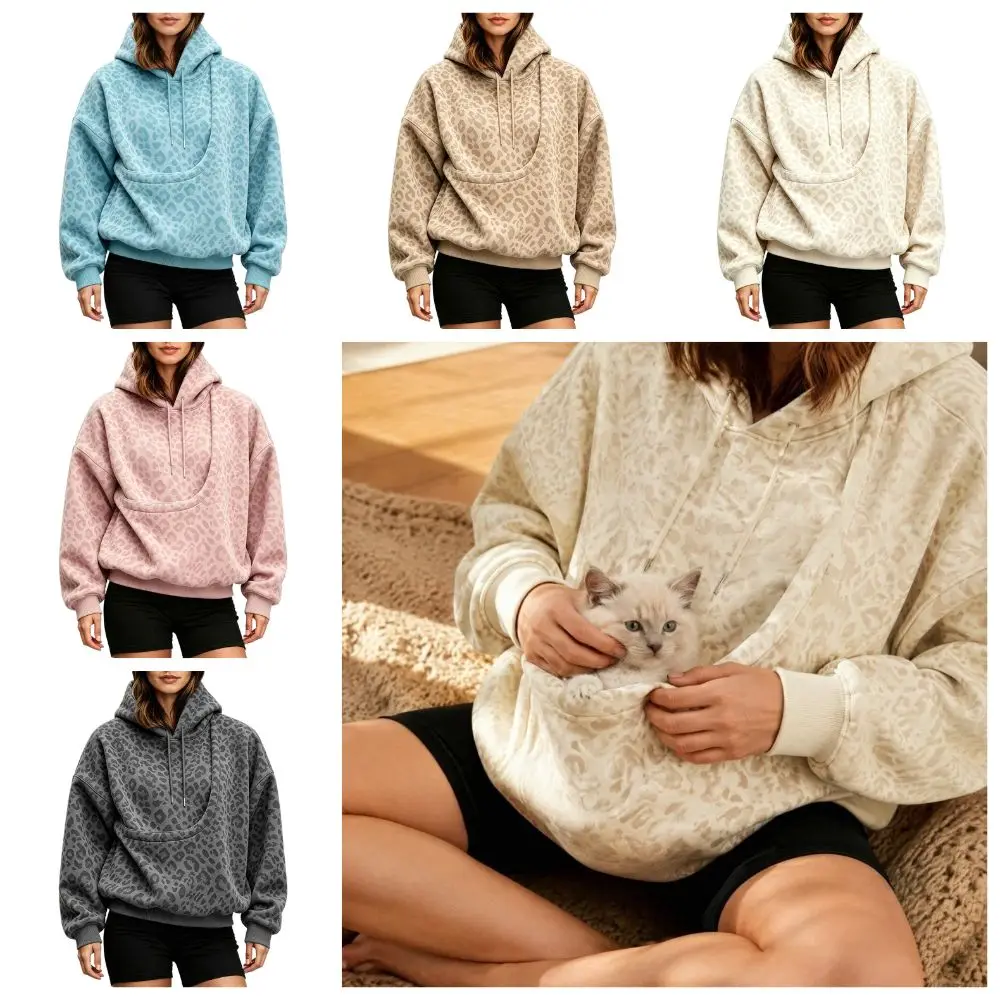 Leopard Print Sweatshirt Double Layer Hood Oversized Hoodie Loose Shoulder Portable Pet Pocket Pet Pouch Sweatshirt European