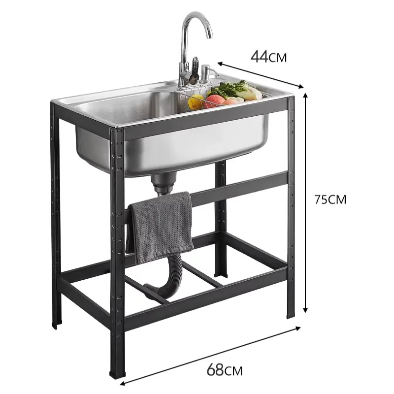 Multifunctional Freestanding 304 Stainless Steel Sink Kitchen Household Thickened Single Trough with Stand/Faucet Customized