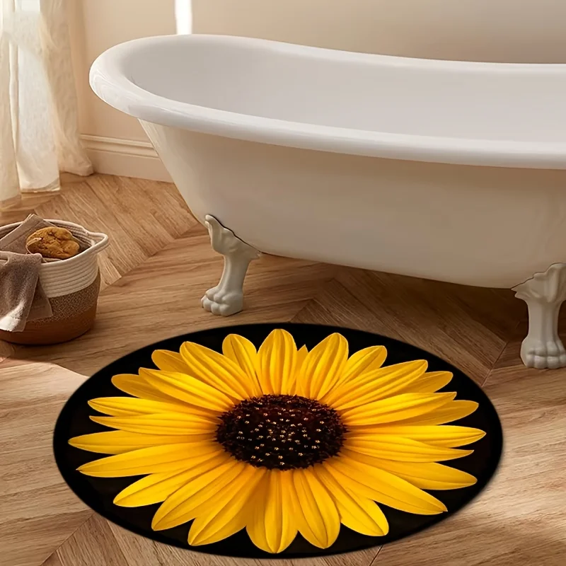 Sunflower Flat 2D Round Rug Flannel Garden Patio Carpet Outdoor Indoor Use Floral Design Floor Mat Summer Vibes Easy Maintenance