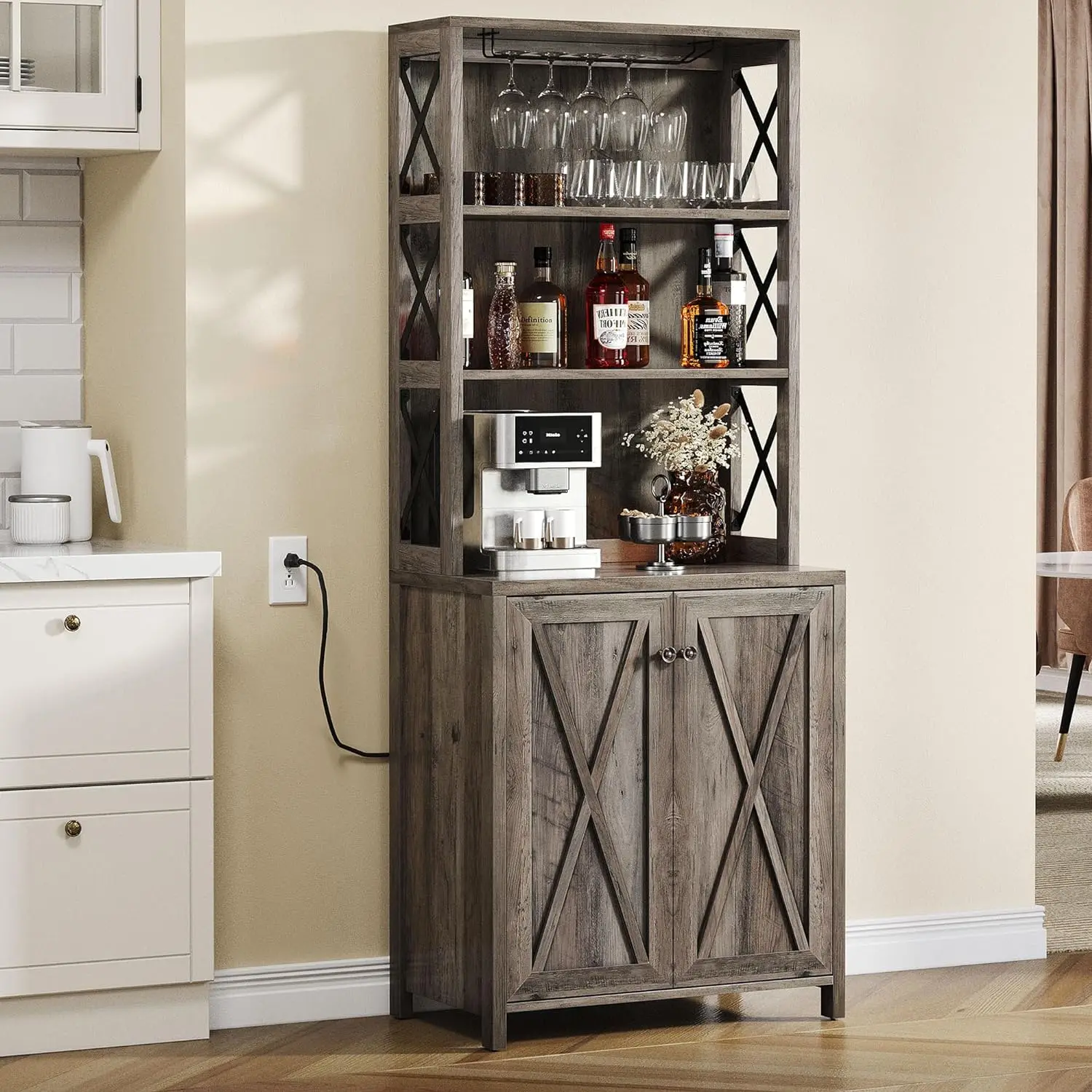 

Bar Cabinet for Liquor and Glasses, Dining Room Kitchen Cabinet w/ Wine Rack, Open Storage Shelves, Wood Doors, Rustic Grey Wash