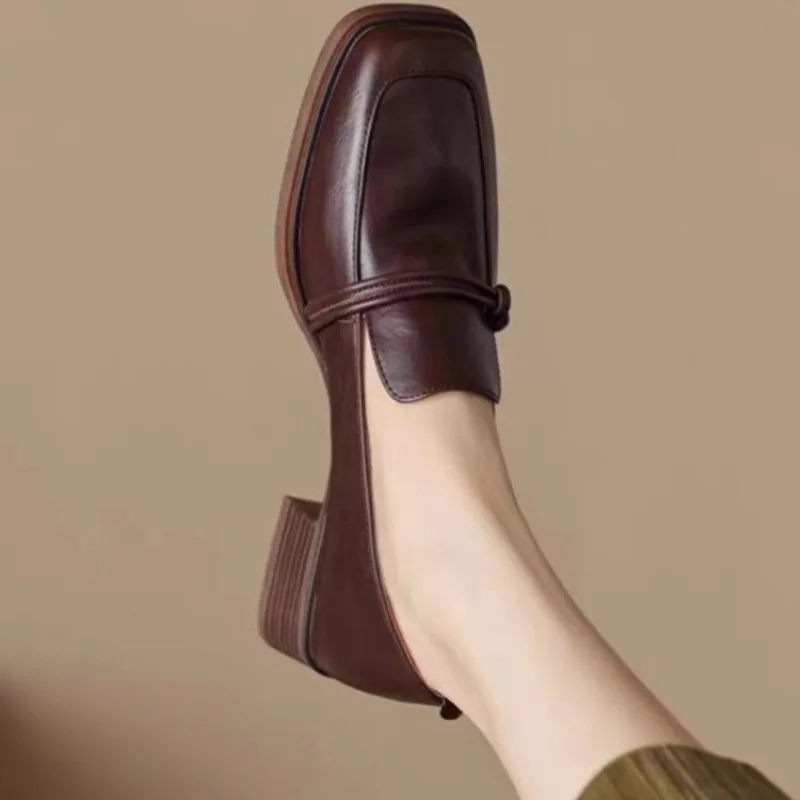 Classic Loafers Women Genuine Cow Leather Square Toe Pumps Slip-on Retro Lady Casual Cozy Shoes Handmade Size 40