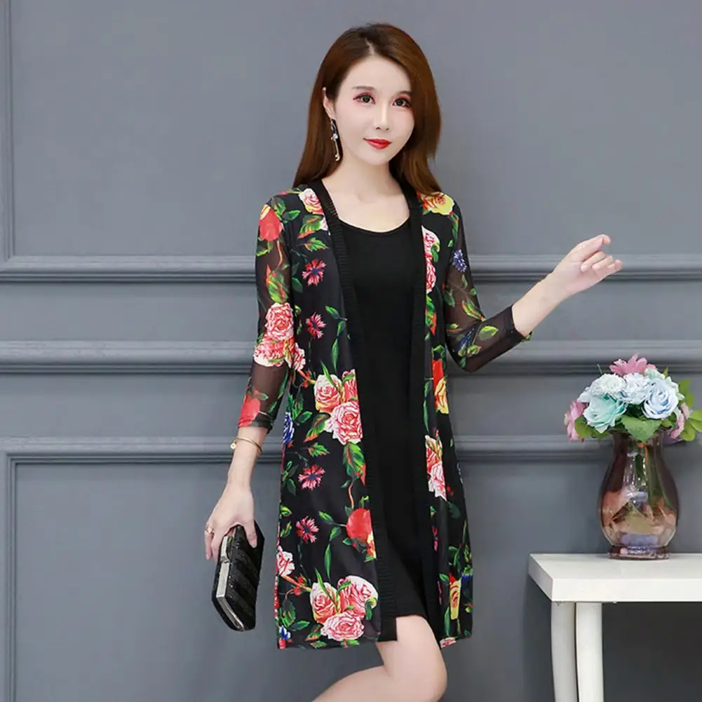 3/4 Sleeve Open Front Mid-length Cover Up Coat Women Spring Summer Shirt Coat Flower Print Lace Bikini Shawl Cover Up Beachwear