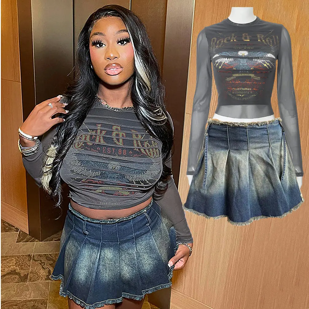 

FAGADOER Y2k Streetwear Hot Girl 2 Piece Outfit Set Punk Fashion Baddie Print Mesh Crop Top + Mini Denim Pleated Skirt Suits New