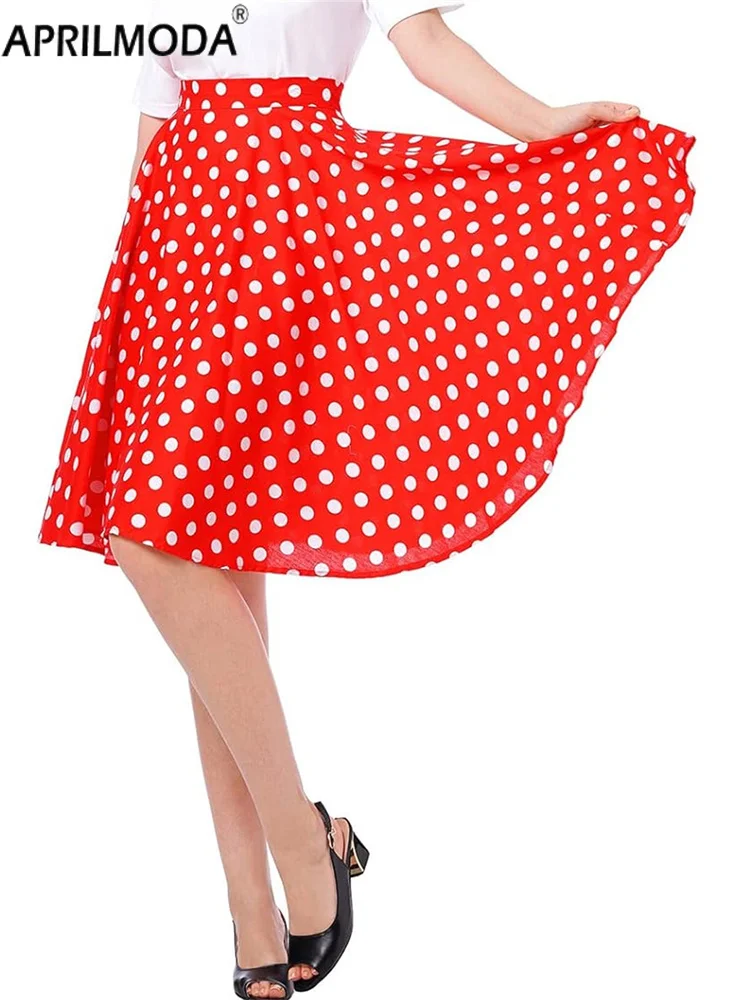 2024 Red A Line 1950s Style Summer Women's Skirts Polka Dot Print High Waist Tea Flare Runway Vintage Skirt