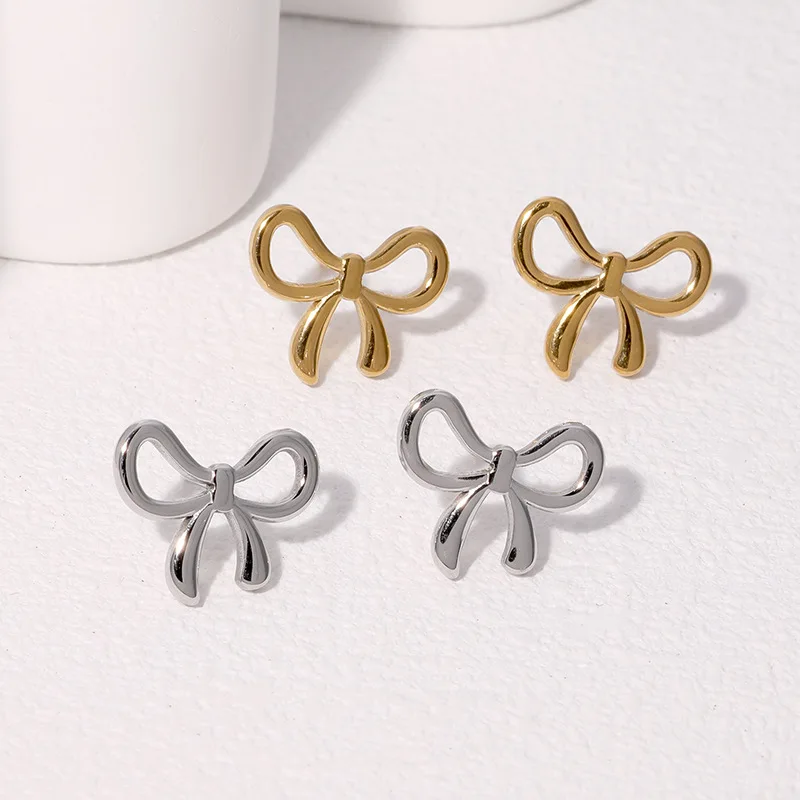 Trendy Women's Hollow Bow Stud Earrings Gold Plated Stainless Steel Allergy Preventing Fashion Jewelry pendientes mujer