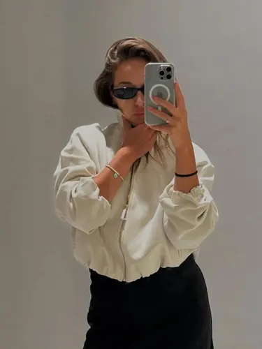 Imagen 2 del producto HH 2025 otoño moda urbana chaquetas Bomber sólidas solapa Simple cremallera mosca mangas largas abullonadas con bolsillos abrigos casuales de mujer